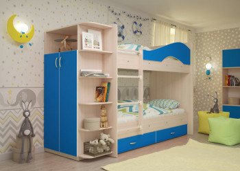 Кровать Мая двухъярусная с ящиками и шкафом Млечный дуб/Голубой в Табулге - tabulga.mebel54.com | фото